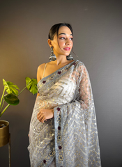 Nakshatra Grey Foil Work Saree