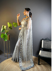 Nakshatra Grey Foil Work Saree