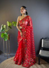 Nakshatra Red Embroidered Saree