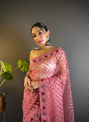 Nakshatra Pink Foil Work Saree
