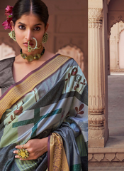 Nakshatra Digital Print Party Wear Grey Green Geometric Saree with Gold Border