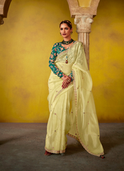Nakshatra Light Yellow Glass Tissue Saree