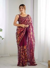 Nakshatra Wine Embellished Net Saree