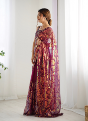 Nakshatra Wine Embellished Net Saree