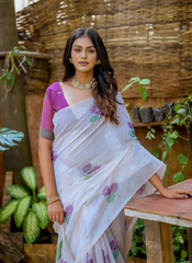 Nakshatra Off White with Purple Blouse Cotton Saree