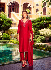 Nakshatra Red Embroidered Shimmer Silk Readymade Suit