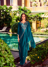 Nakshatra Teal Embroidered Shimmer Silk Readymade Suit
