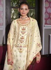 Nakshatra Cream Jaquard Banarasi Silk Readymade Suit