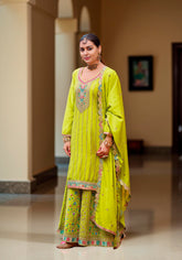 Nakshatra Lime Green Chinon Embroidered Suit