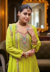 Nakshatra Lime Green Chinon Embroidered Suit