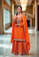 Nakshatra Orange Chinon Embroidered Suit