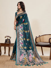 Nakshatra Teal Satin Silk Saree