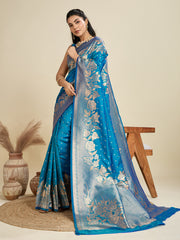 Nakshatra Teal Blue Kanjivaram Silk Saree with Intricate Zari Motifs