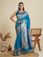 Nakshatra Teal Blue Kanjivaram Silk Saree with Intricate Zari Motifs