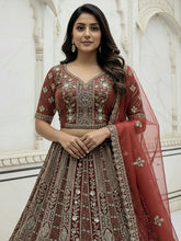 Nakshatra Cinnamon Red Hand-Embroidered Organza Lehenga Set