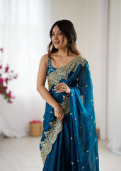 Nakshatra Teal Party Wear Sequined Saree
