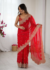 Nakshatra Red Party Wear Sequined Saree