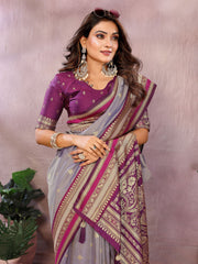 Nakshatra Silver Grey Pure Handloom Kalamkari Silk Saree with Grand Zari Pallu