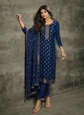 Majestic Midnight Blue Jacquard Silk Suit