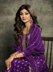 Lavish Violet Jacquard Silk Semi-Stitched Suit