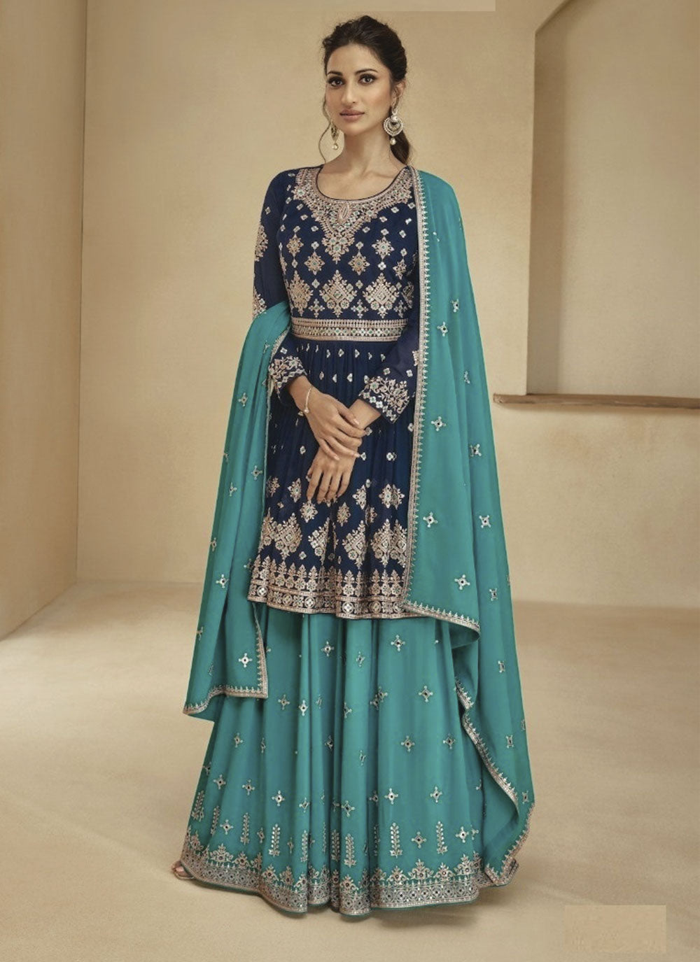 Celestial Blue and Pink Georgette Semi-Stitched Sharara Suit
