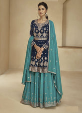 Celestial Blue and Pink Georgette Semi-Stitched Sharara Suit