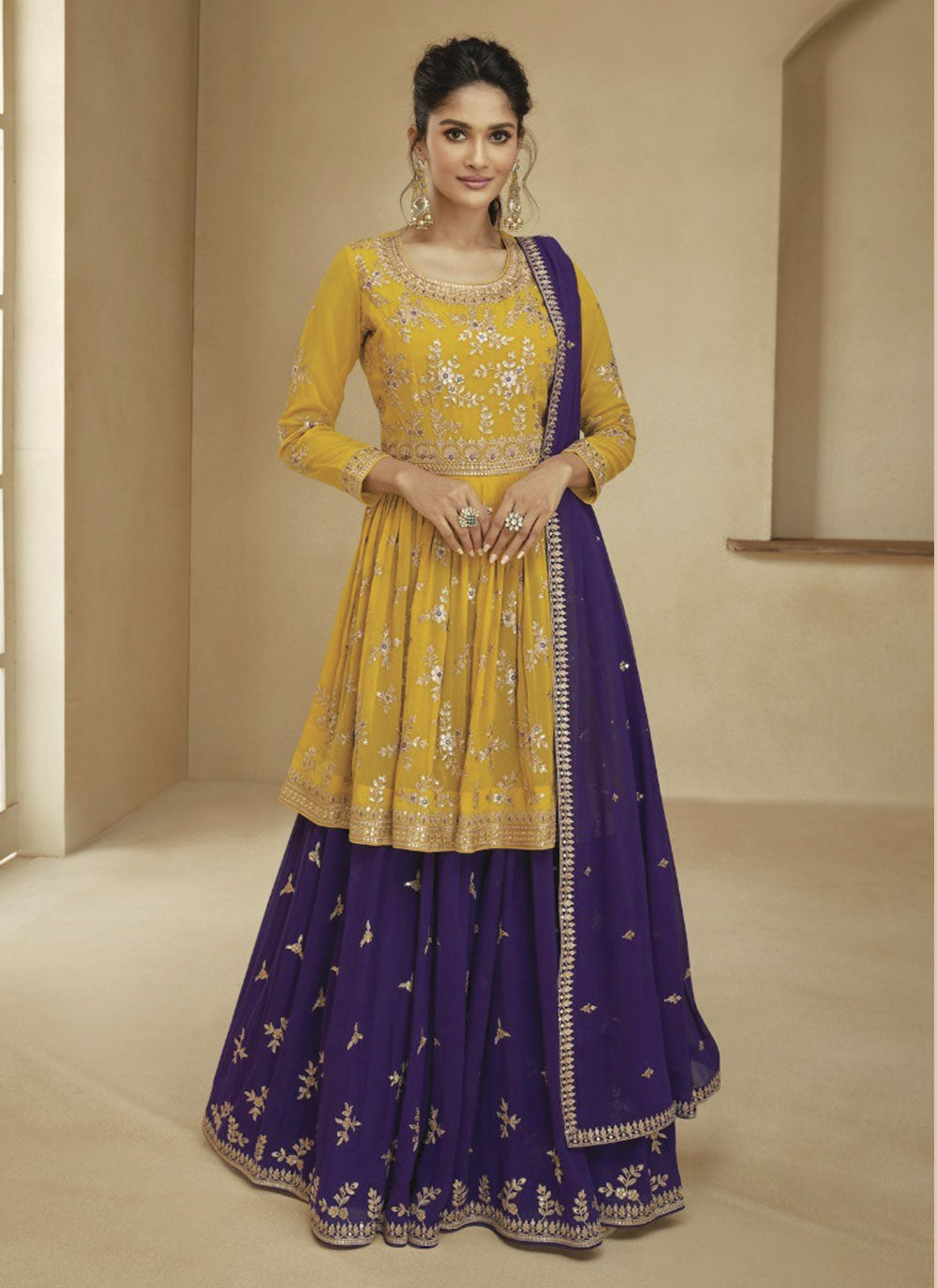 Golden Glow Georgette Stitched Sharara Suit