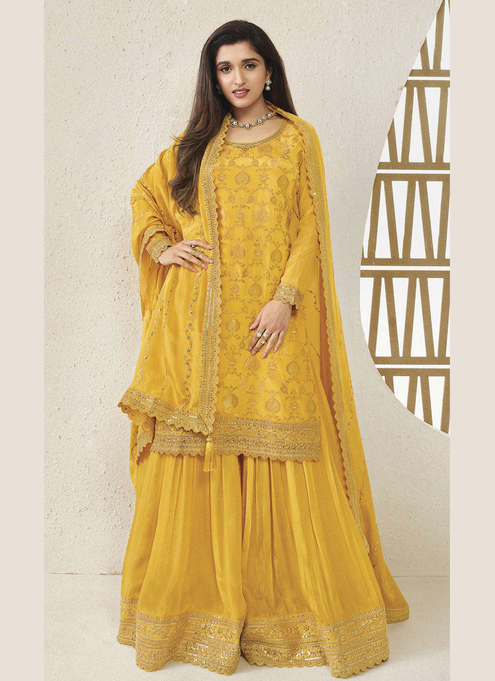 Golden Glow Semi-Stitched Yellow Sharara Ensemble