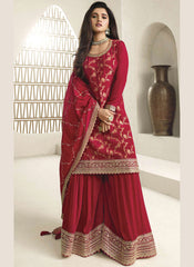 Blood Red Elegance Semi-Stitched Sharara Suit