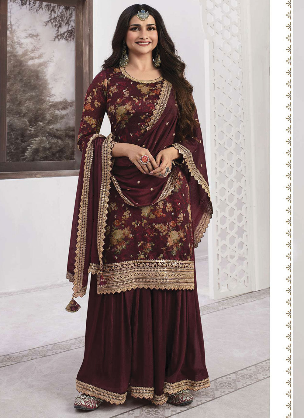 Burgundy Bliss Semi-Stitched Sharara Ensemble