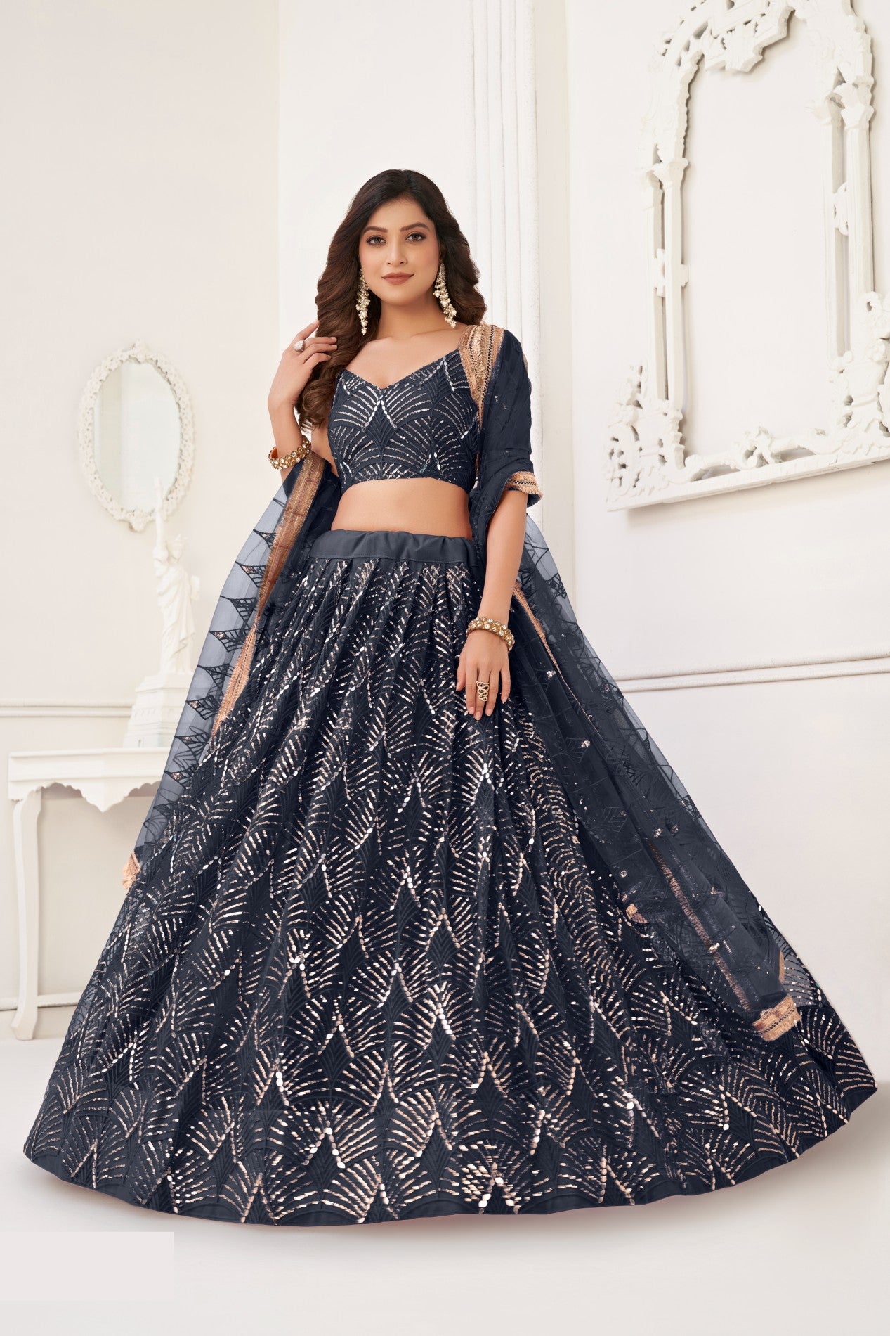 Black Pearl Butterfly Net Lehenga