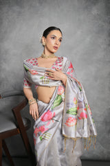 Nakshatra Floral Print steel grey saree
