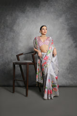 Nakshatra Floral Print steel grey saree