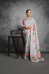 Nakshatra Floral Print steel grey saree
