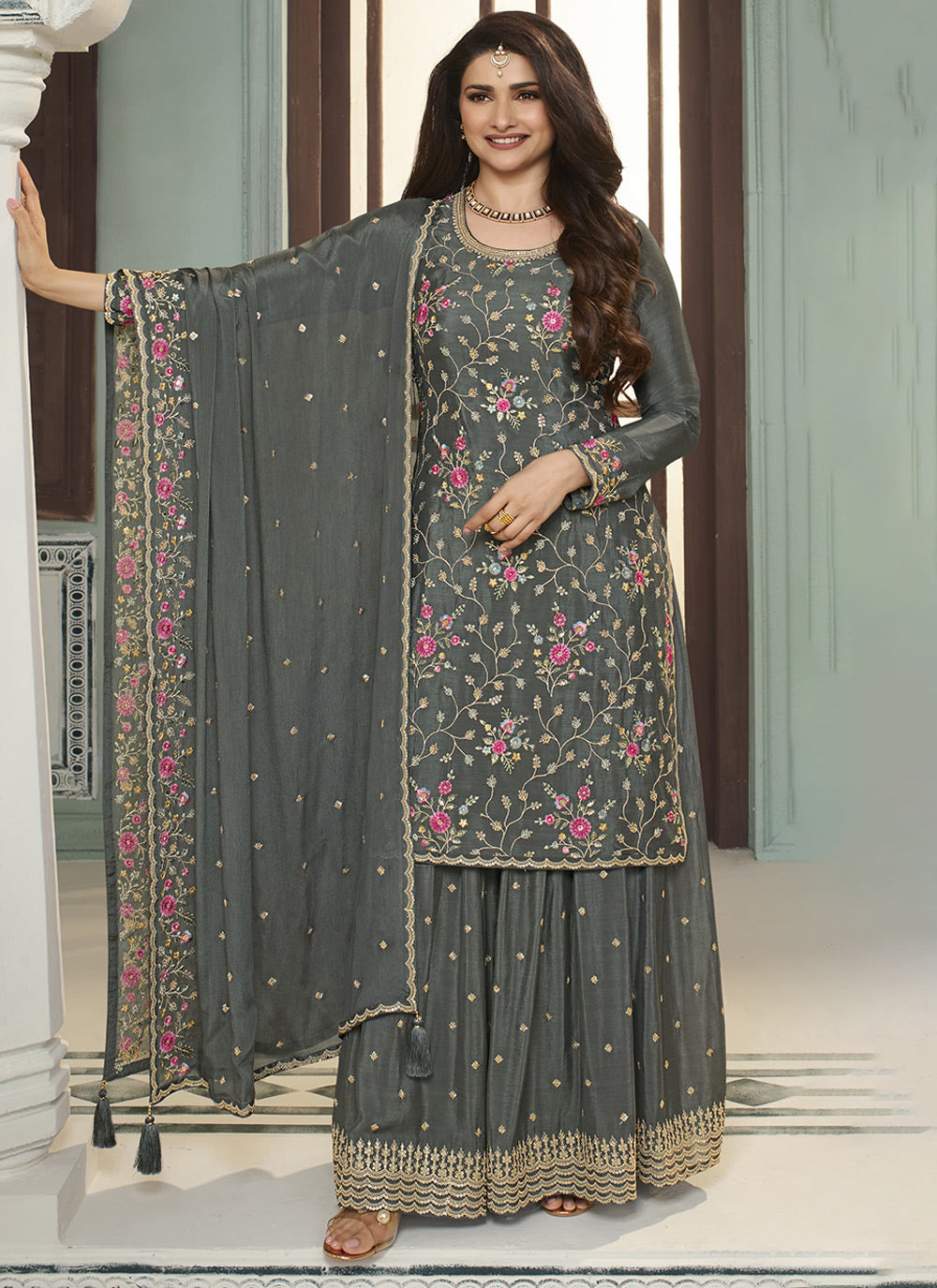 Grey Sequin Embroidered Sharara Ensemble