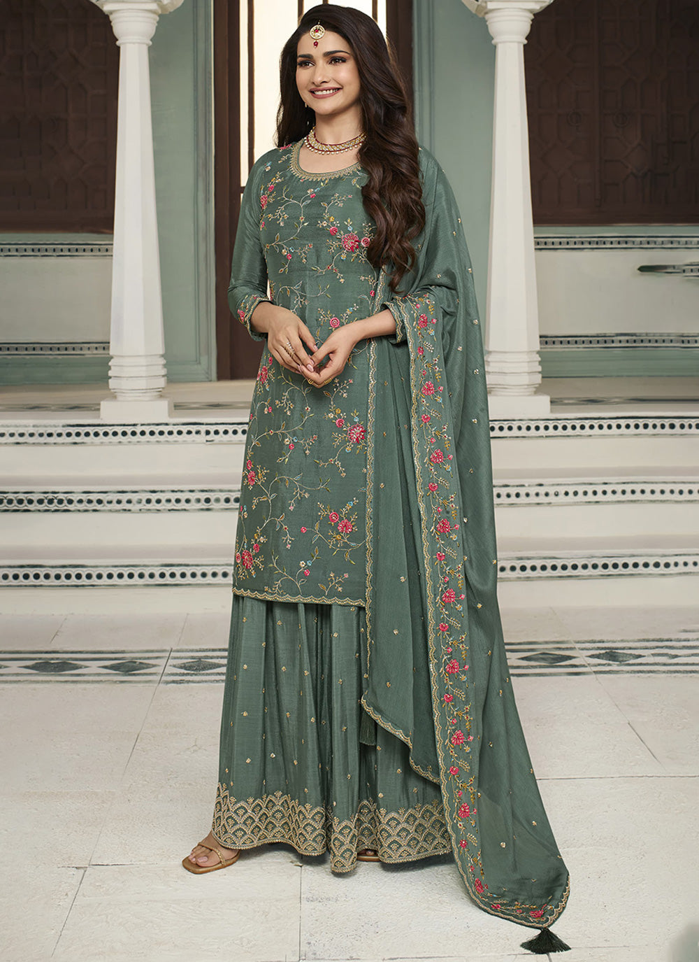 Elegance in Emerald Chinon Sharara Ensemble