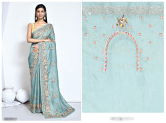 Serene Sky Blue Net Organza Silk Sari