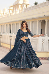 Nakshatra Sequined Teal Blue Lehenga.