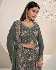 Nakshatra Olive Green Party wear Sharara suit