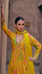 Nakshatra Yellow Party Wear Anarkali suit.