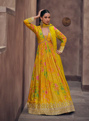 Nakshatra Yellow Party Wear Anarkali suit.