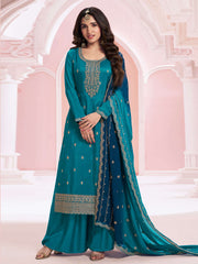 Nakshtar Teal Blue Embroidered Party Wear Suit