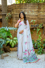 Nakshatra Off White with Pink Blouse Cotton Saree