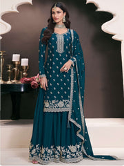 Nakshatra Teal Blue Chinon Sharara Suit