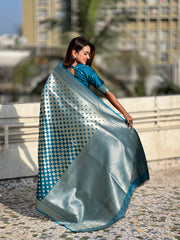 Nakshatra Teal Blue Silver Zari Silk Saree