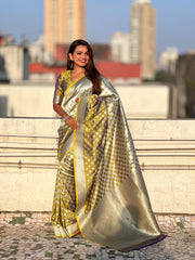 Nakshatra Yellow Silver Zari Silk Saree
