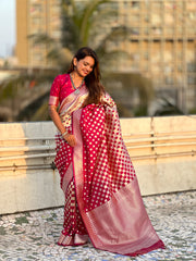 Nakshatra Cherry Silver Zari Silk Saree