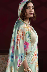 Nakshatra Sky Blue Digital Printed Satin Silk Saree