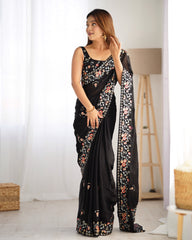 Nakshatra Black Satin Silk Party Wear Saree