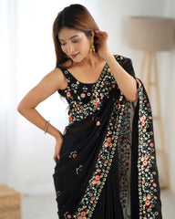Nakshatra Black Satin Silk Party Wear Saree